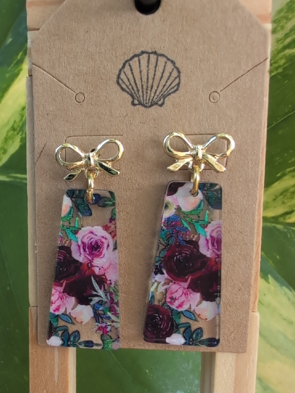 Gold Bow Floral Drop Earrings - Pink & Burgundy Floral Design